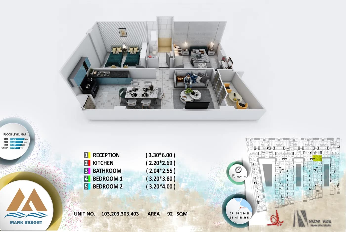 3D floor plan render of unit 403
