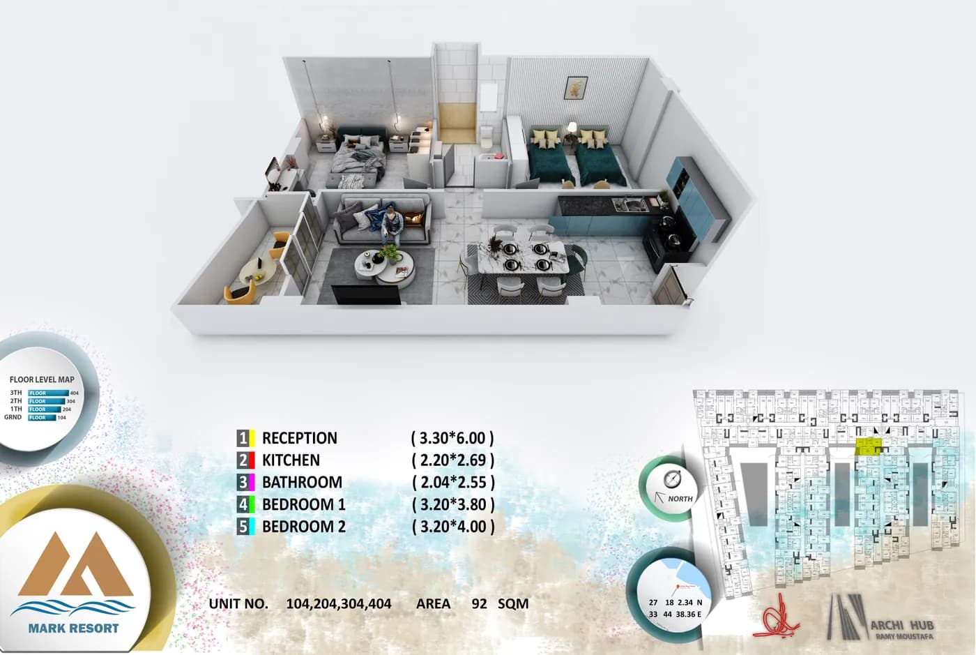 3D floor plan render of unit 104