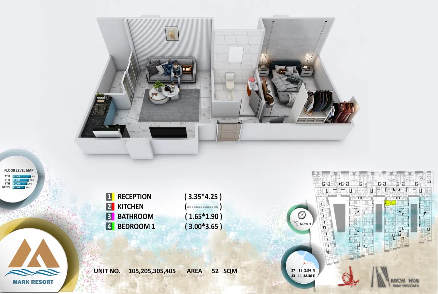 3D floor plan render of unit 305