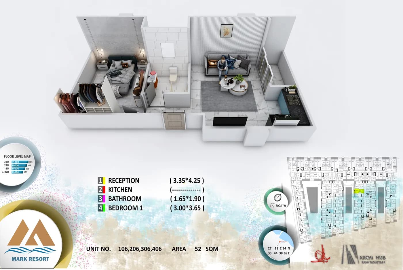 3D floor plan render of unit 206