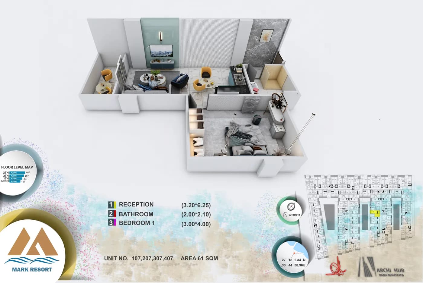 3D floor plan render of unit 307