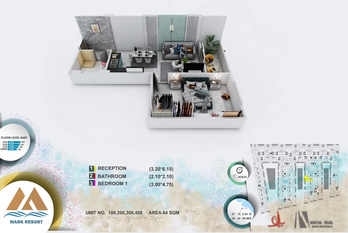 3D floor plan render of unit 108