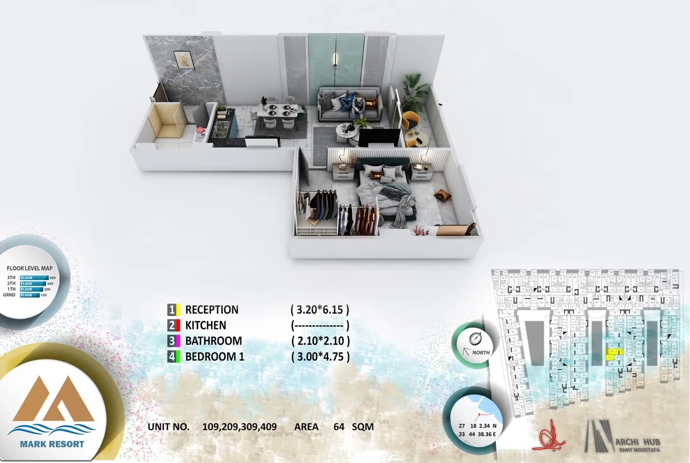 3D floor plan render of unit 409