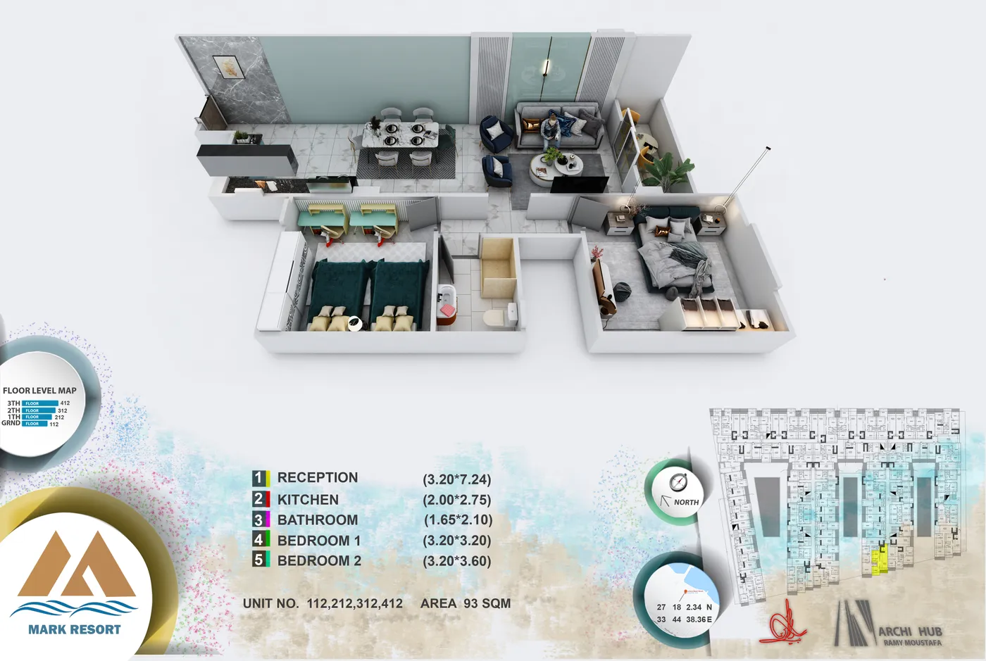 3D floor plan render of unit 312