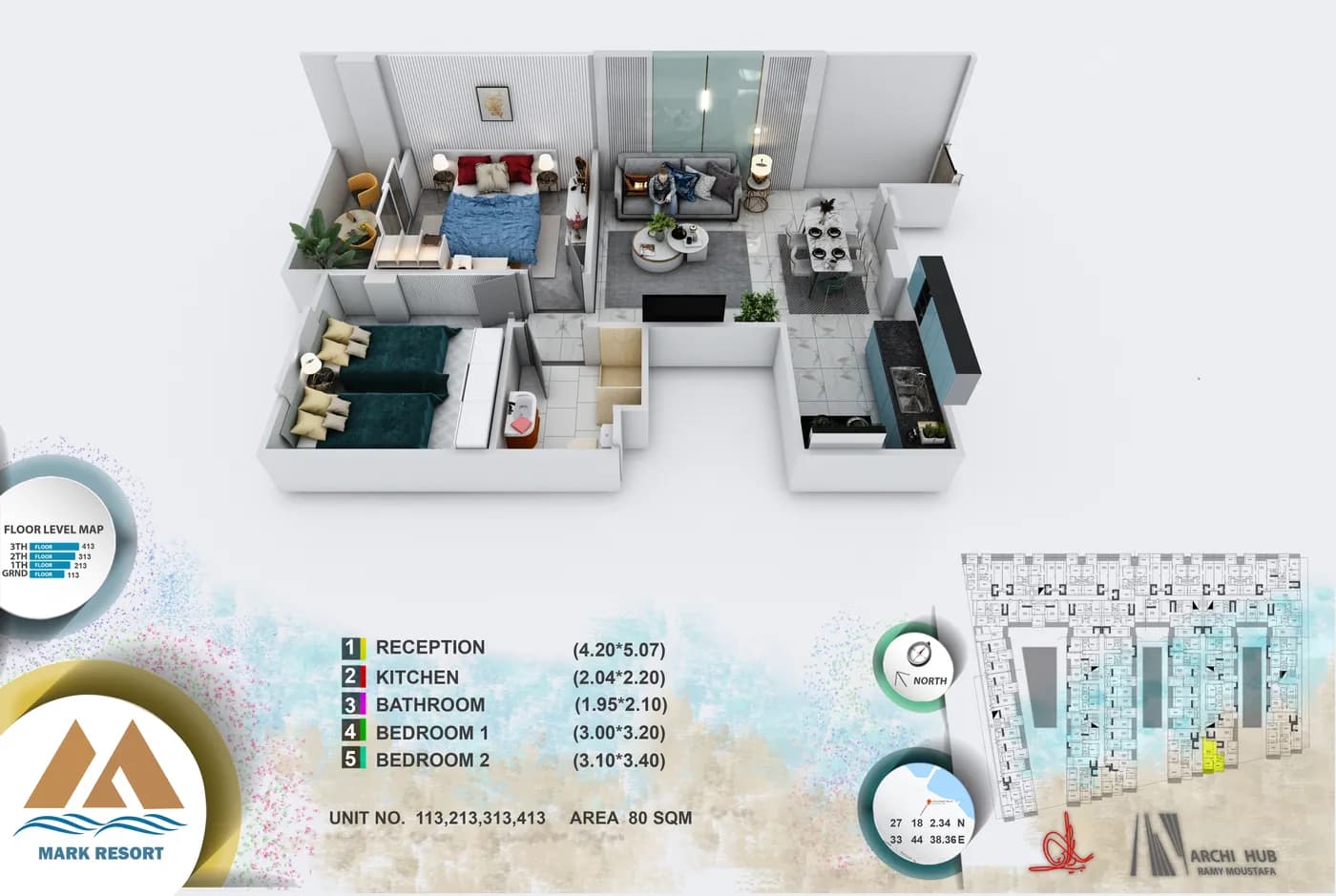 3D floor plan render of unit 413