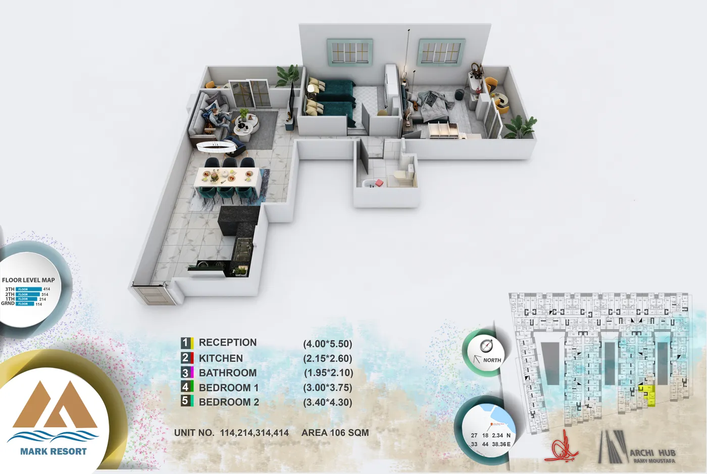 3D floor plan render of unit 414