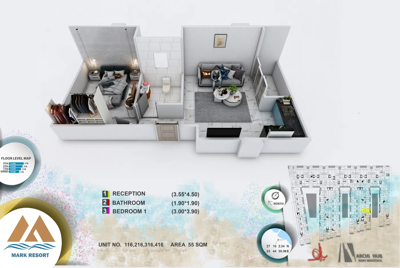 3D floor plan render of unit 116