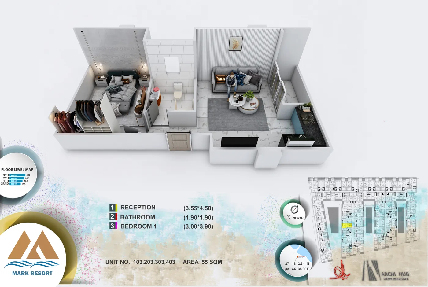 3D floor plan render of unit 203