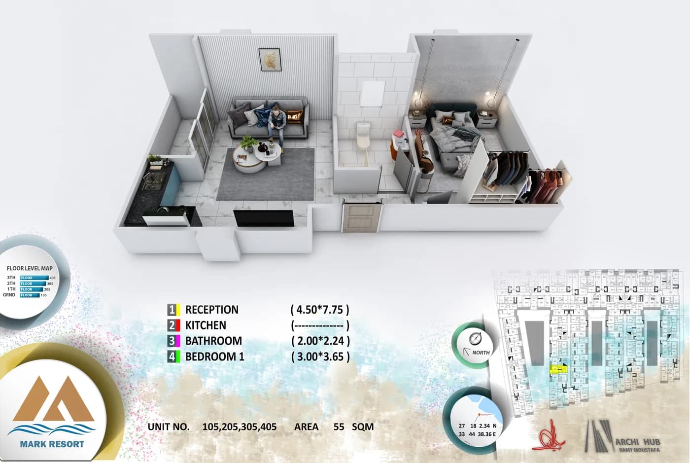 3D floor plan render of unit 105
