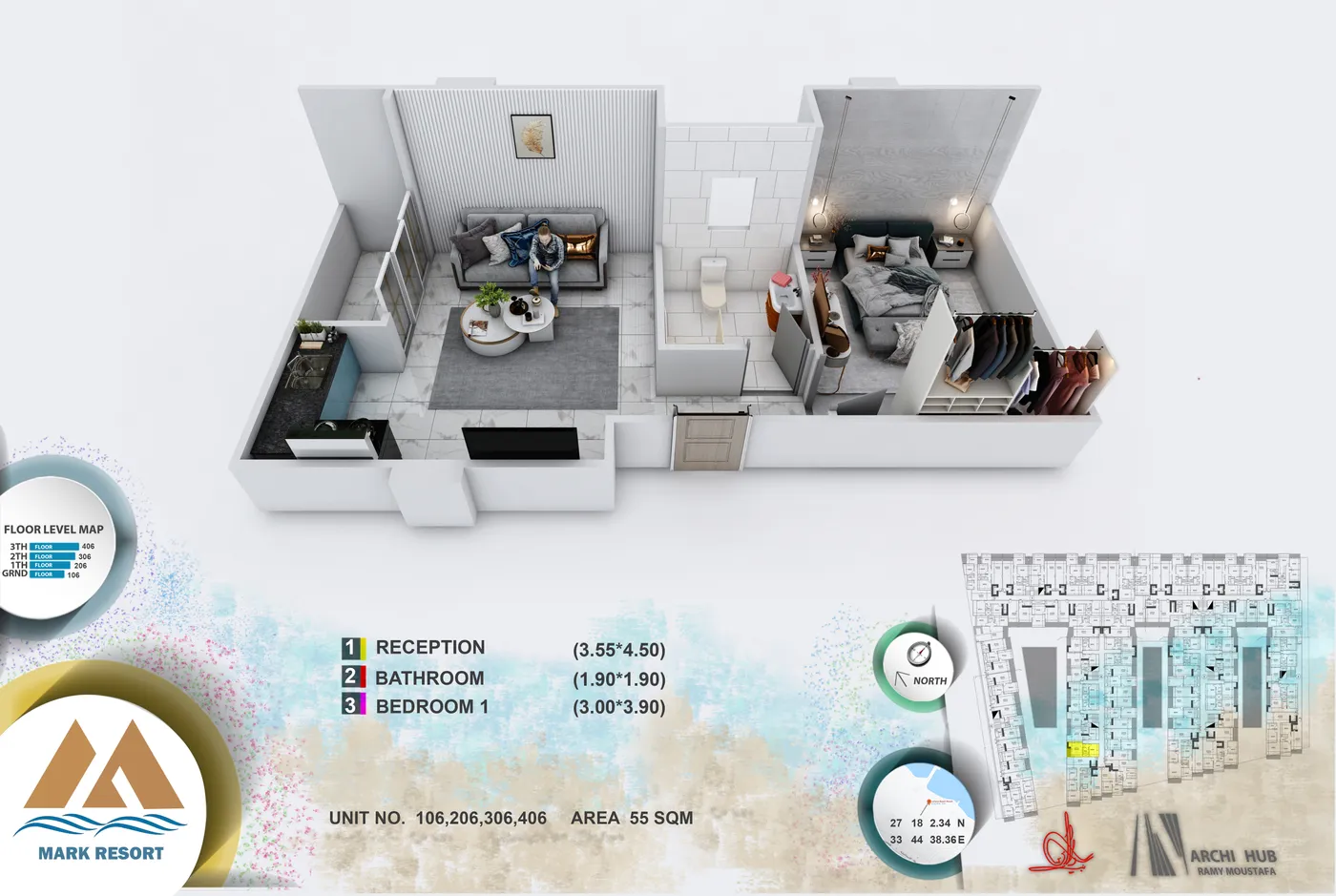 3D floor plan render of unit 106