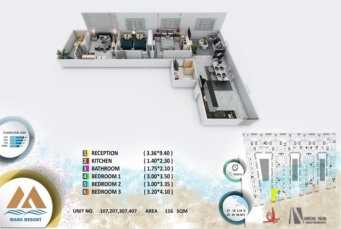 3D floor plan render of unit 307