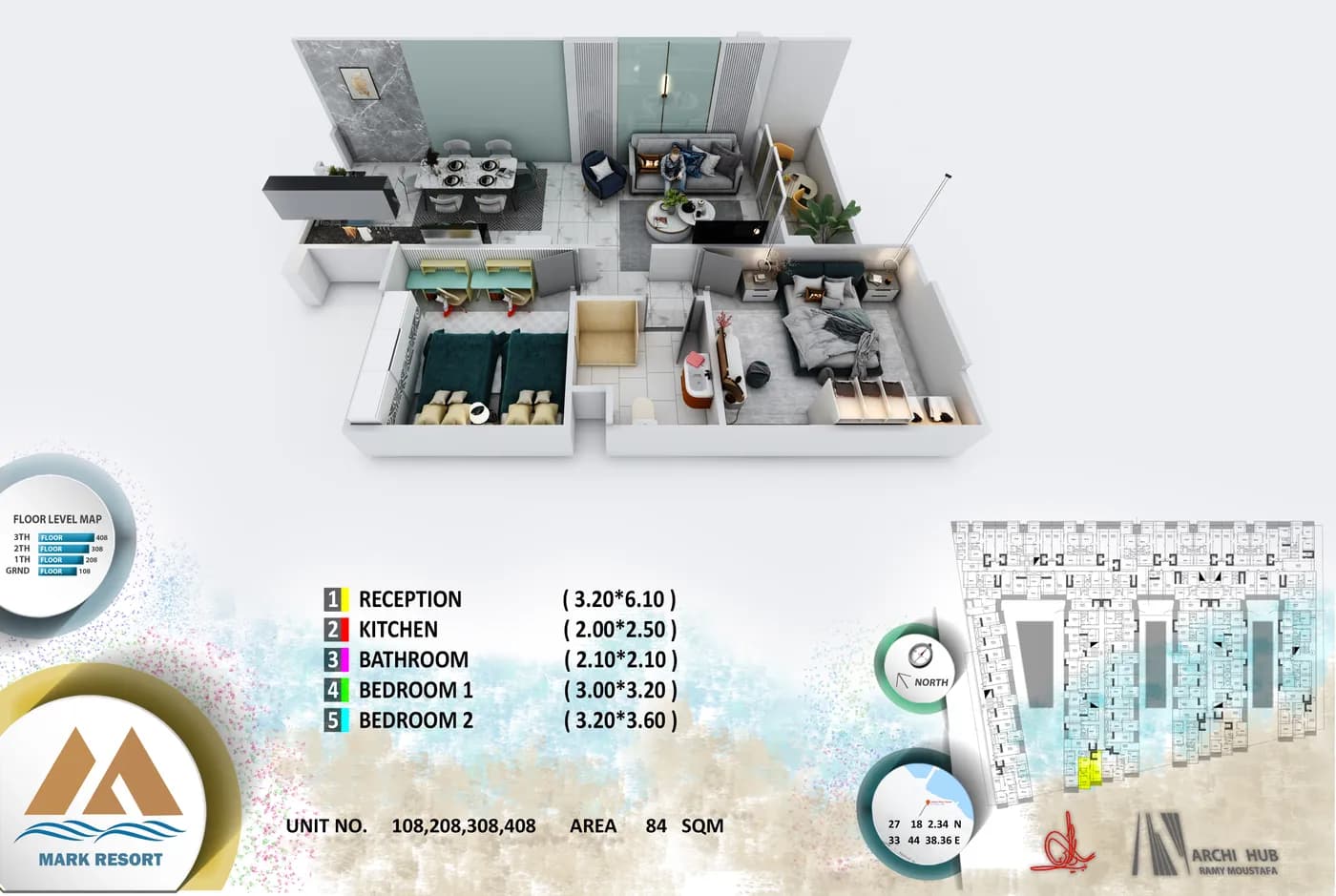 3D floor plan render of unit 408