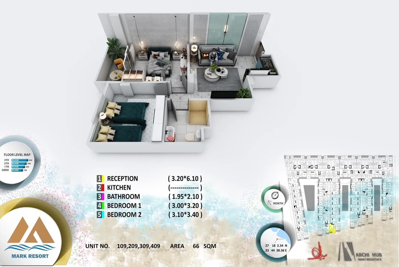 3D floor plan render of unit 109