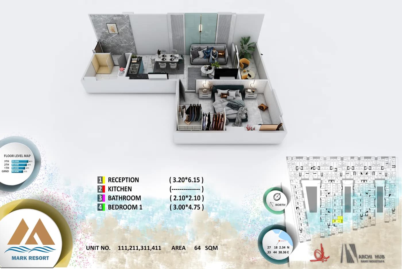 3D floor plan render of unit 411