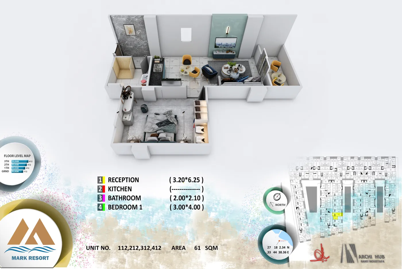 3D floor plan render of unit 312