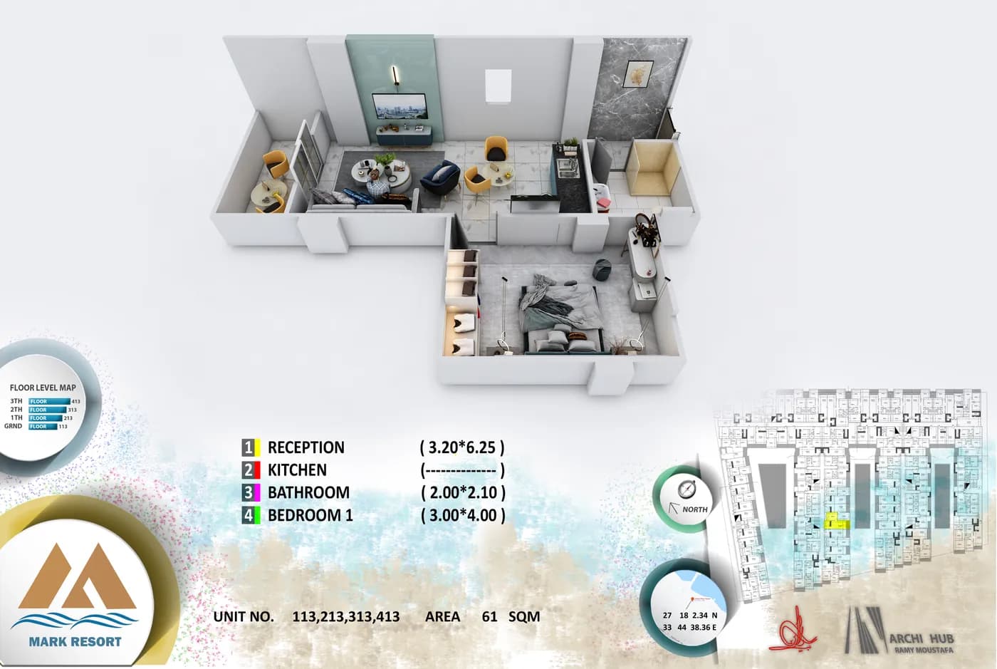 3D floor plan render of unit 213