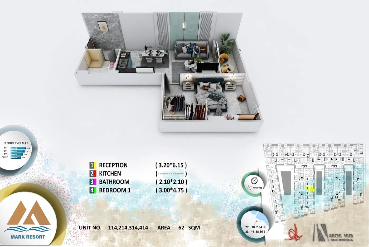 3D floor plan render of unit 114