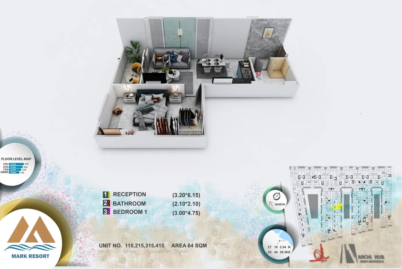 3D floor plan render of unit 215