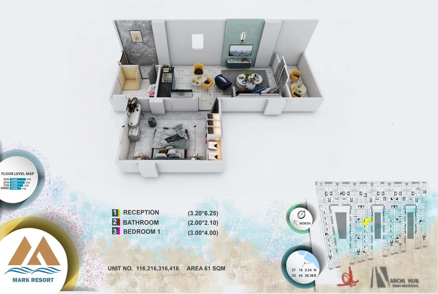 3D floor plan render of unit 116