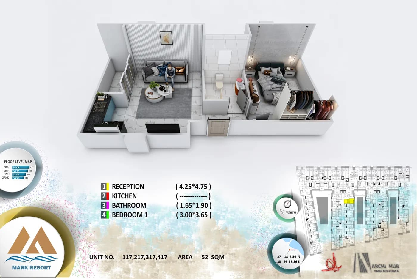 3D floor plan render of unit 117