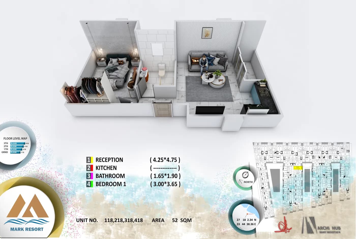 3D floor plan render of unit 218