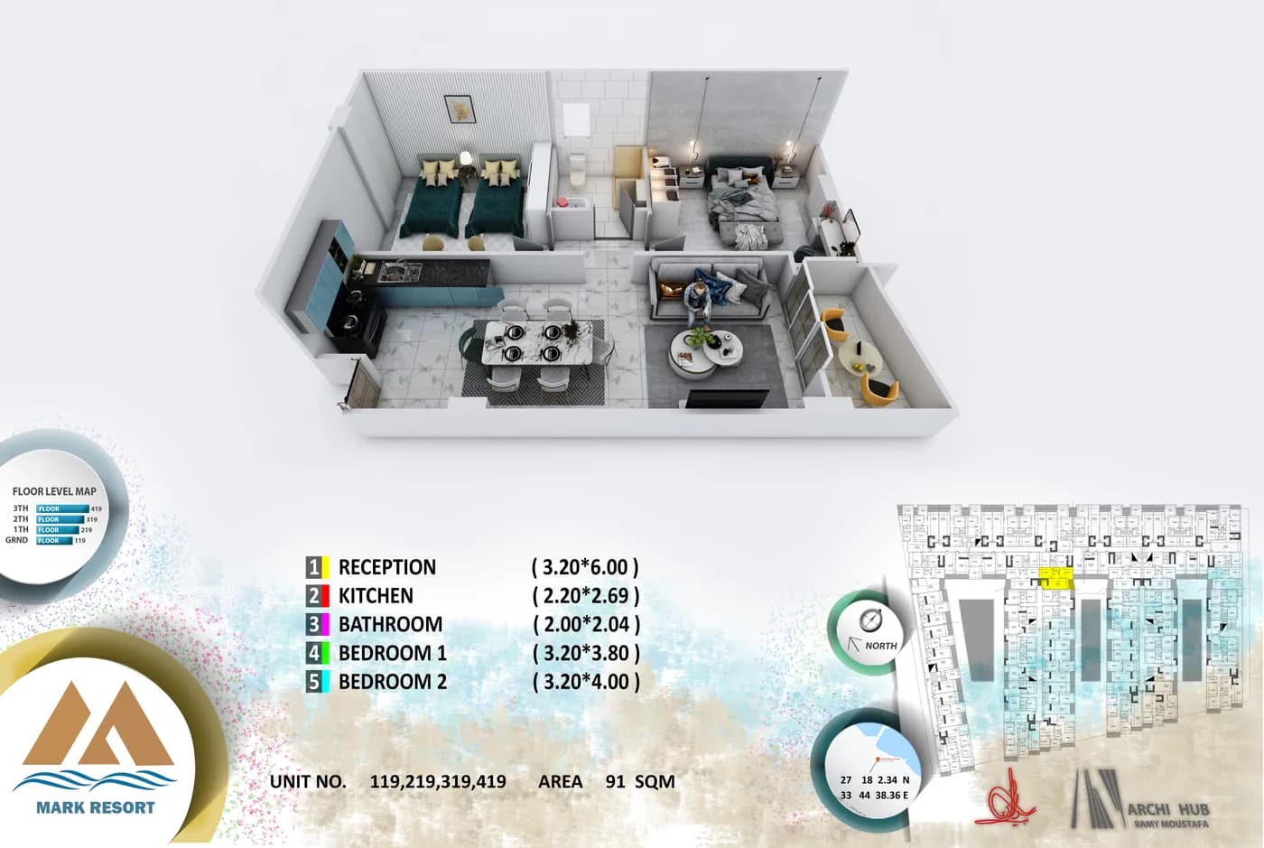 3D floor plan render of unit 119