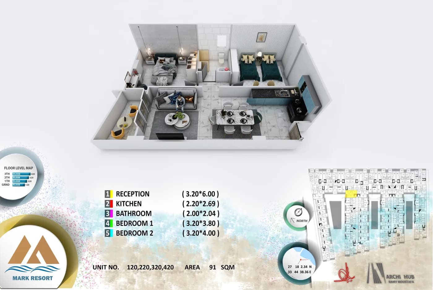 3D floor plan render of unit 120