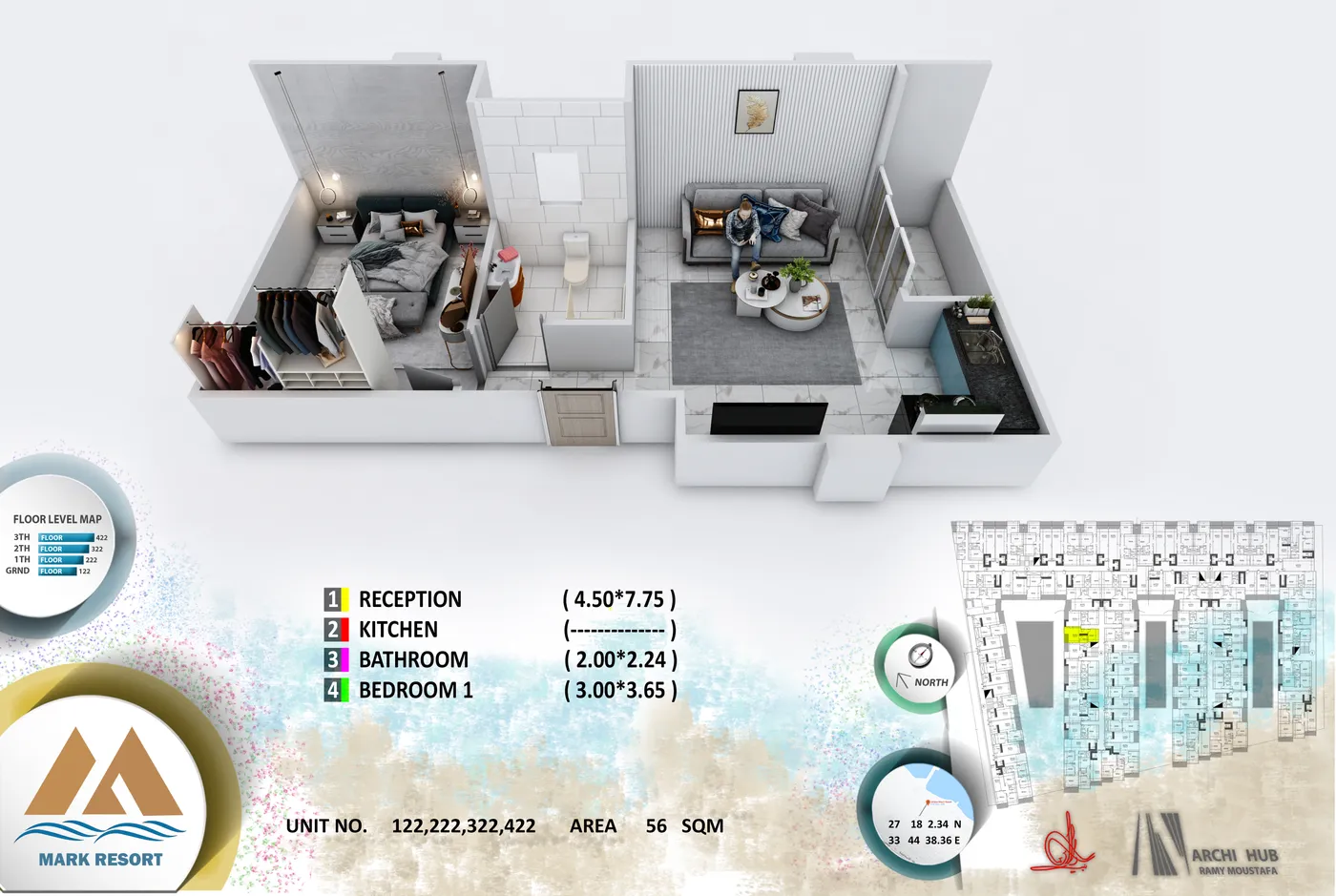 3D floor plan render of unit 122