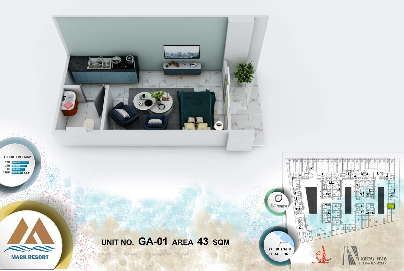 3D floor plan render of unit GA-1