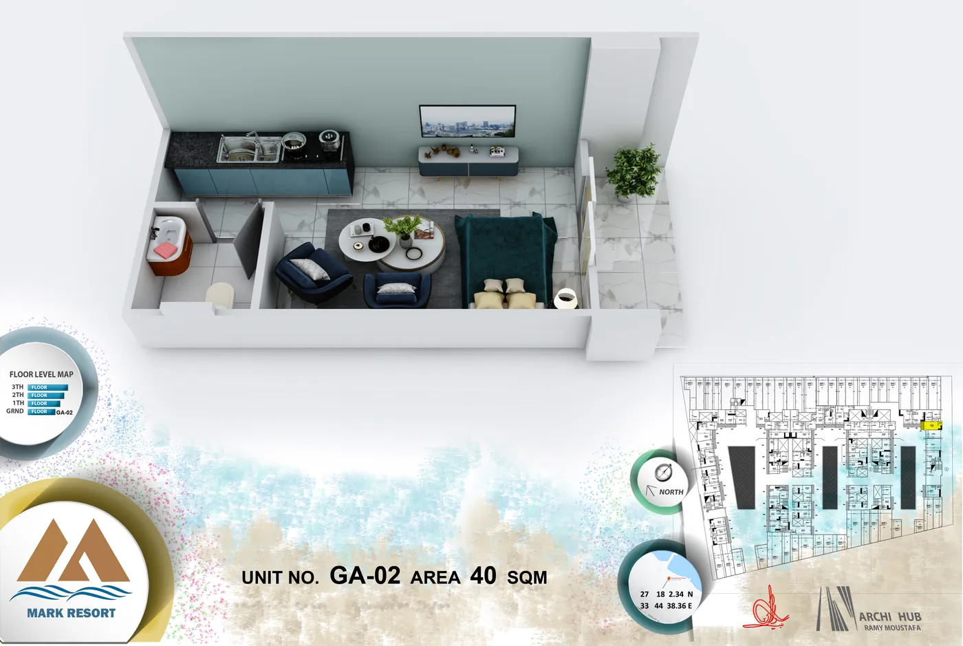 3D floor plan render of unit GA-2