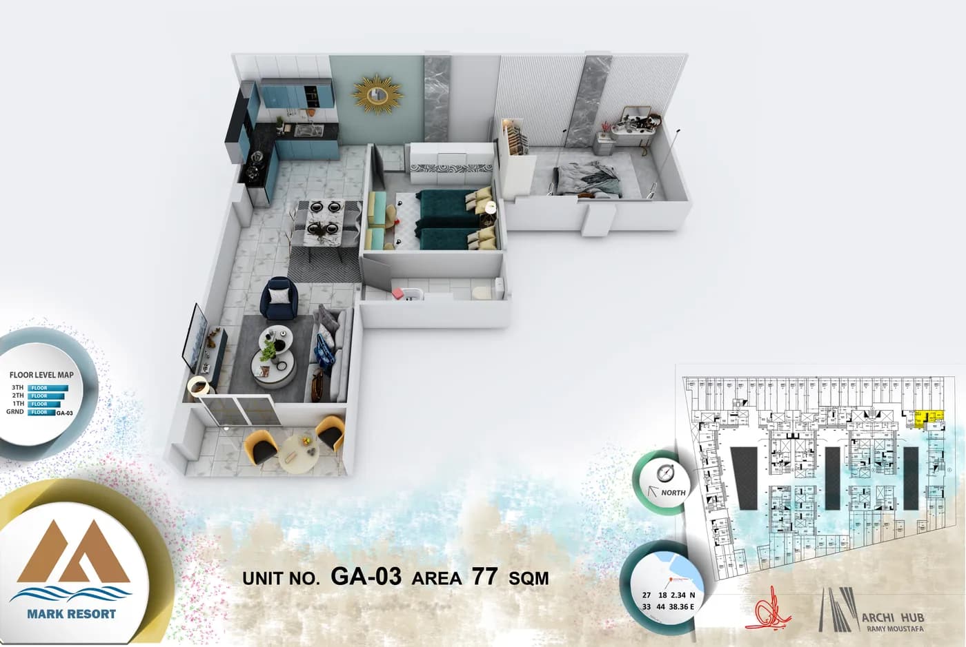 3D floor plan render of unit GA-3