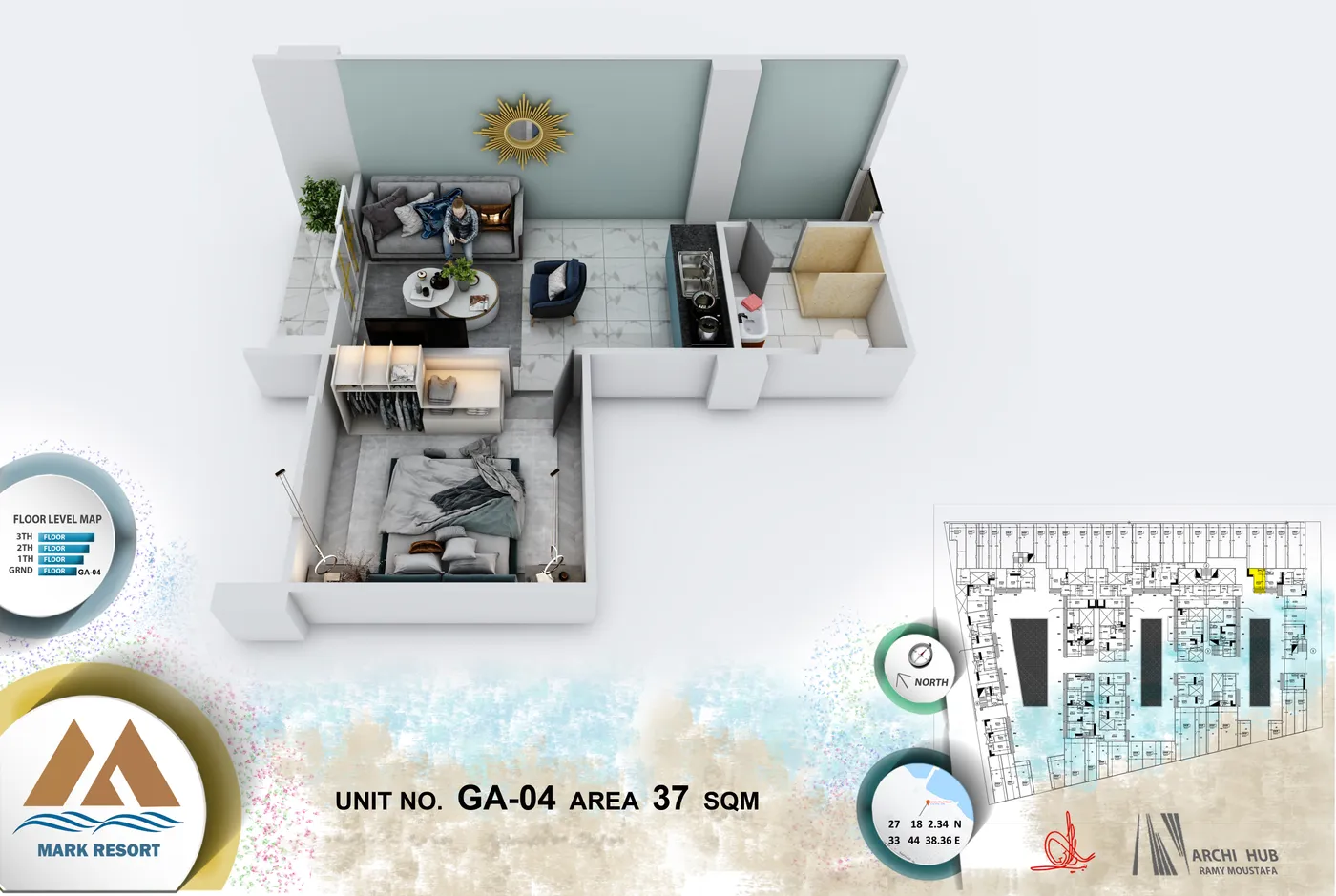 3D floor plan render of unit GA-4