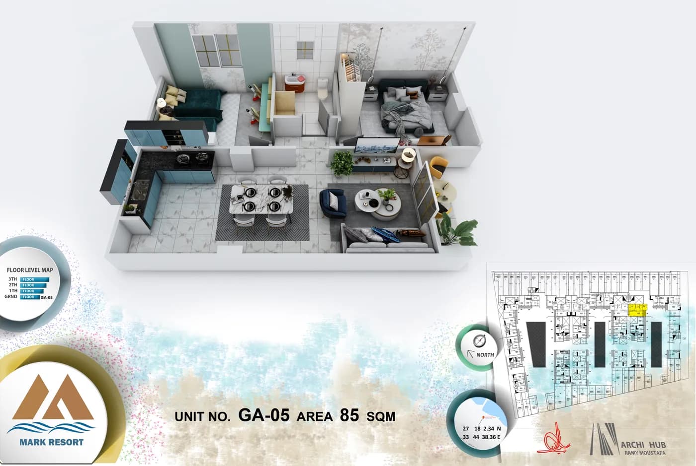 3D floor plan render of unit GA-5