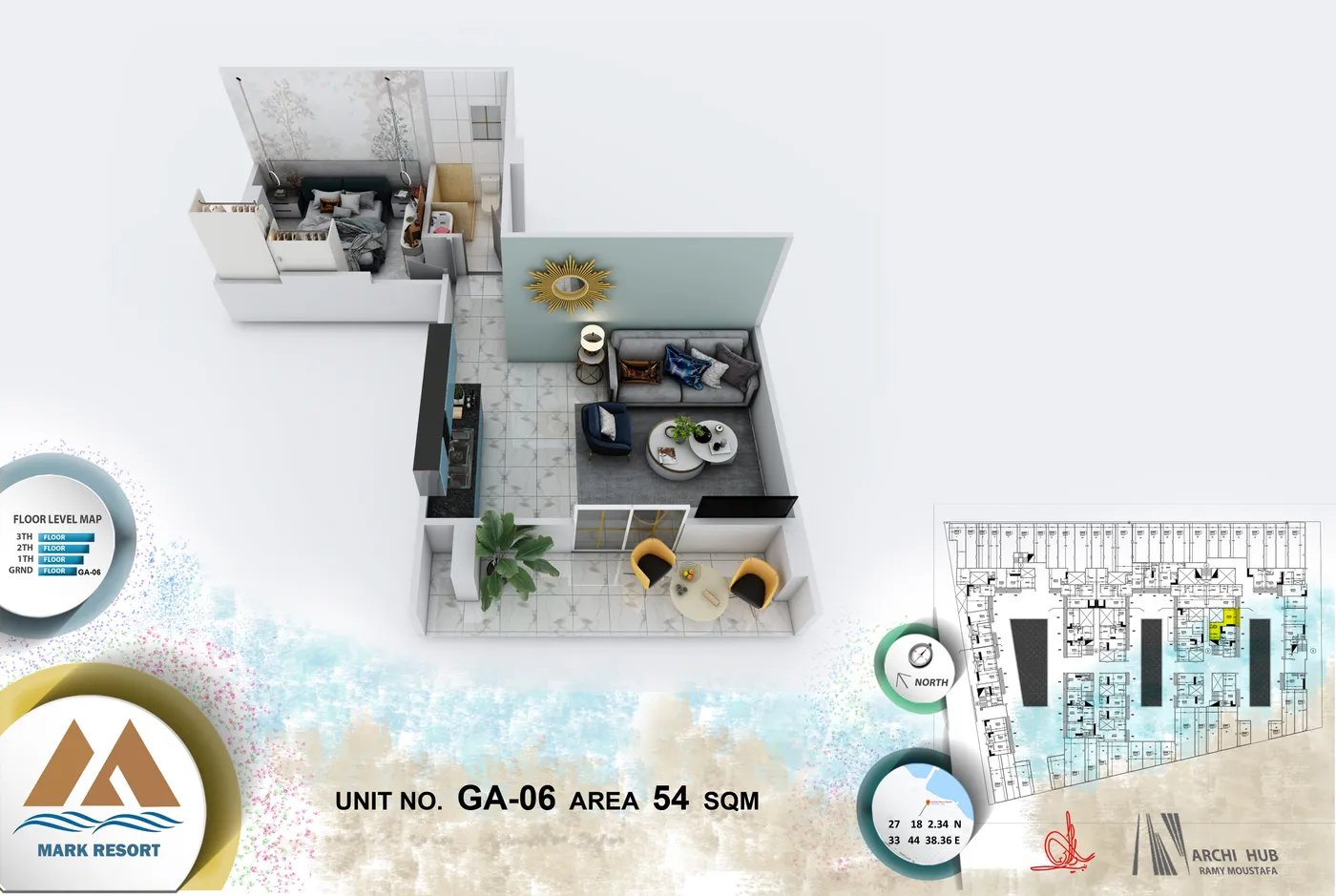 3D floor plan render of unit GA-6