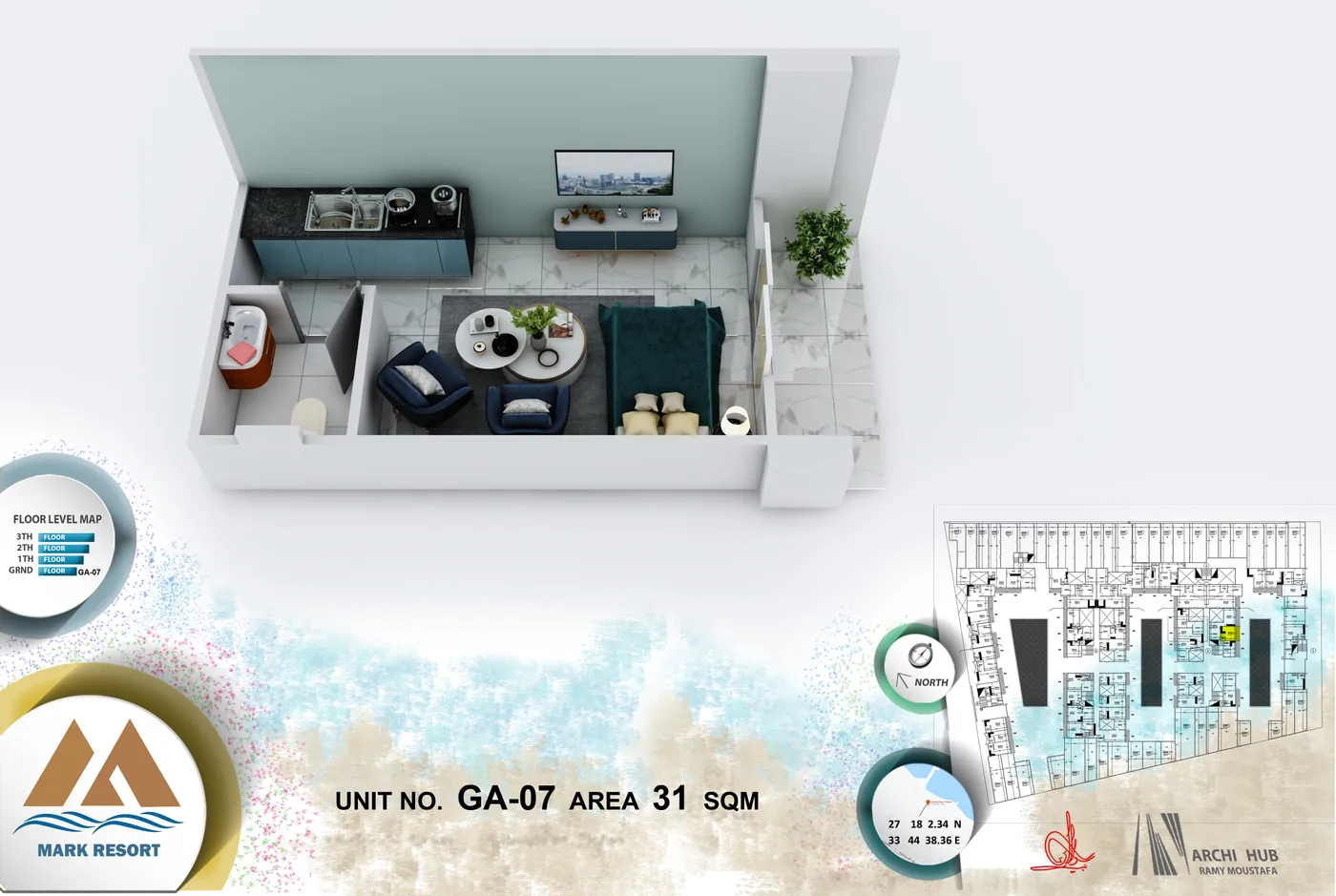 3D floor plan render of unit GA-7