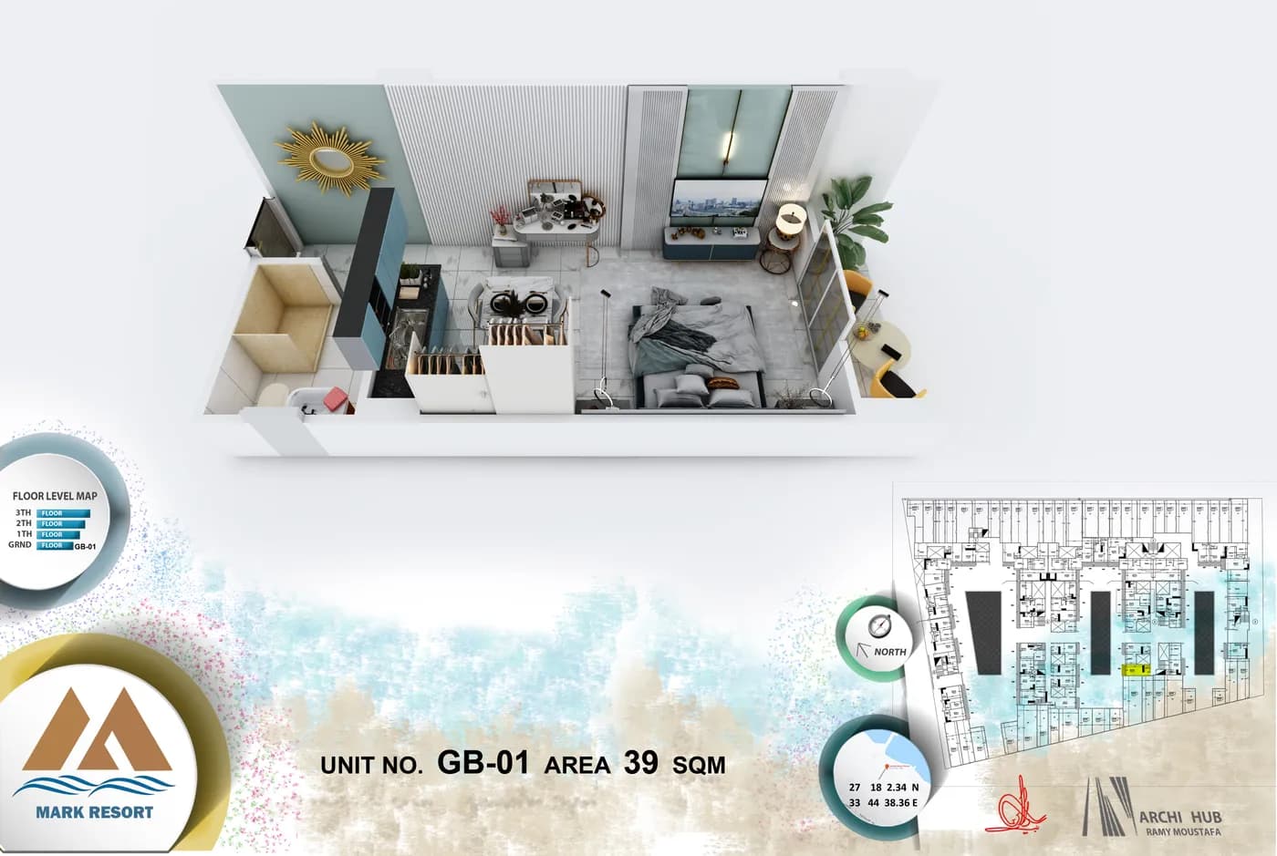 3D floor plan render of unit GB-1