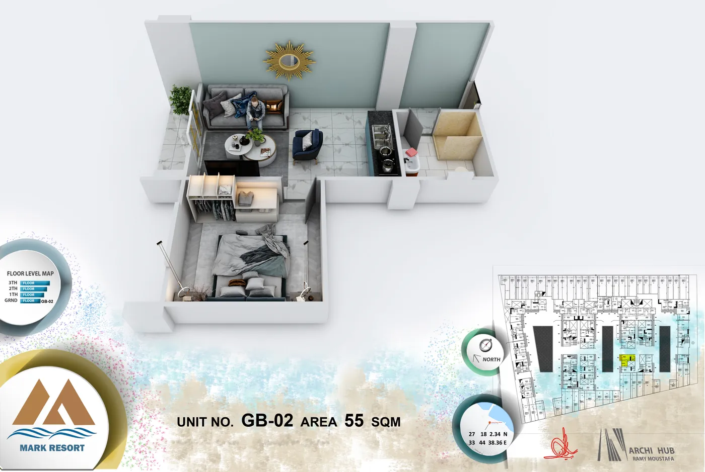 3D floor plan render of unit GB-2