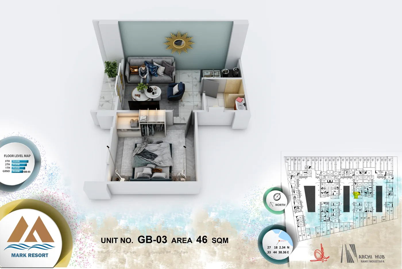 3D floor plan render of unit GB-3