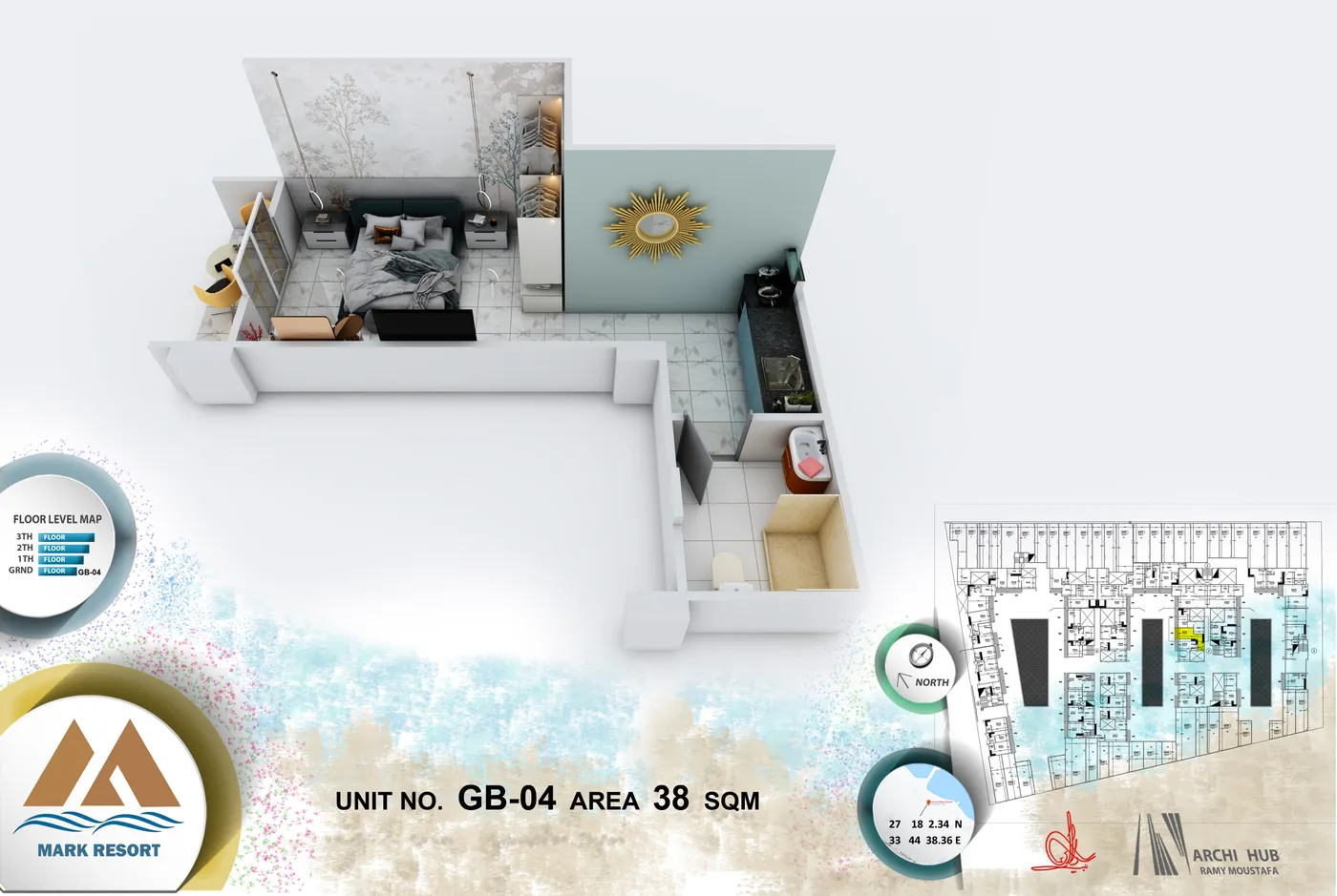 3D floor plan render of unit GB-4
