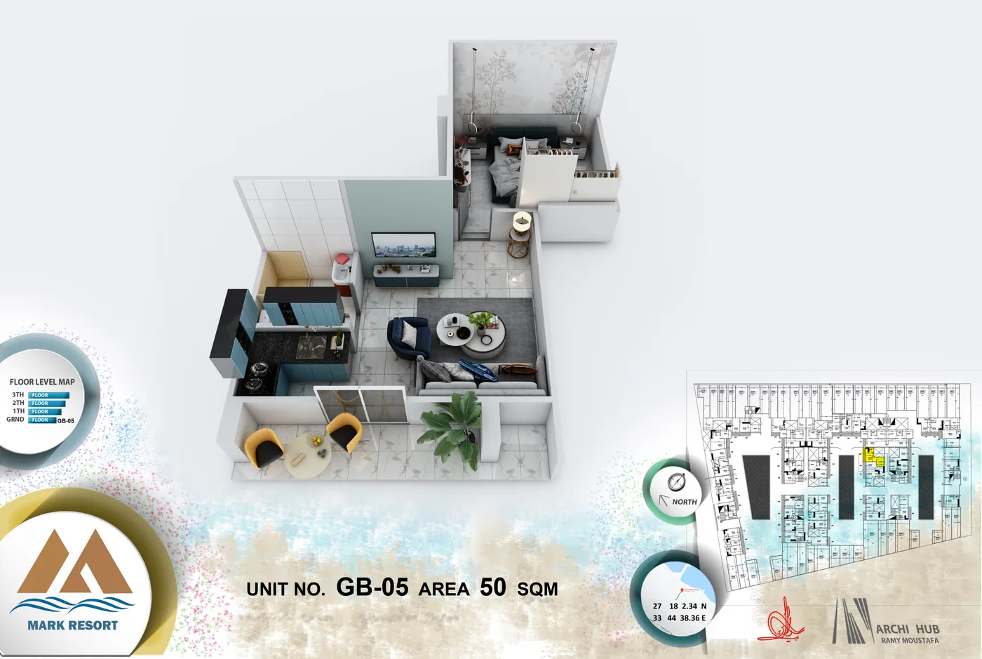 3D floor plan render of unit GB-5