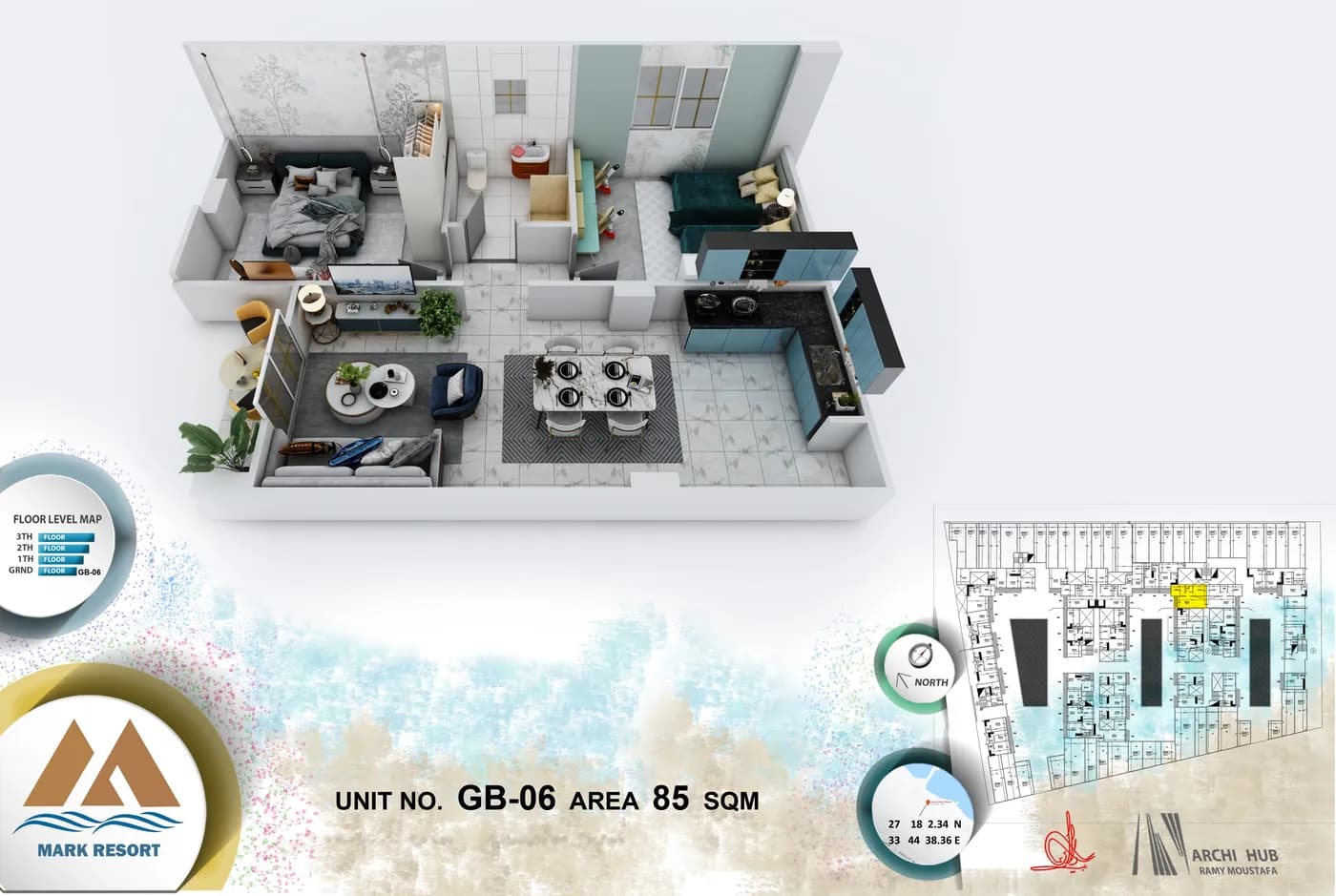 3D floor plan render of unit GB-6