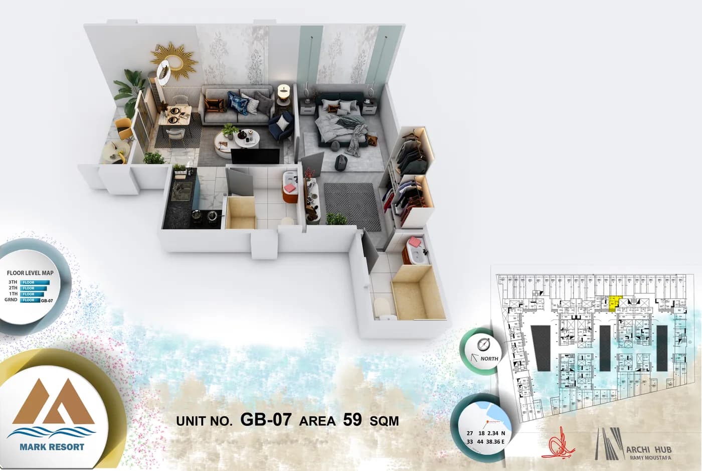 3D floor plan render of unit GB-7
