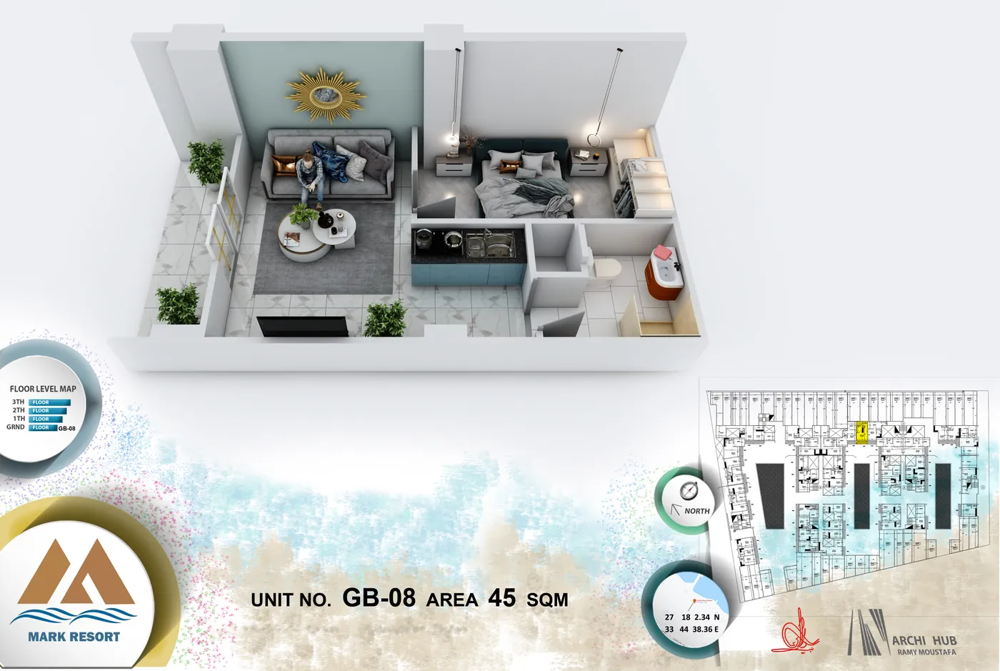 3D floor plan render of unit GB-8