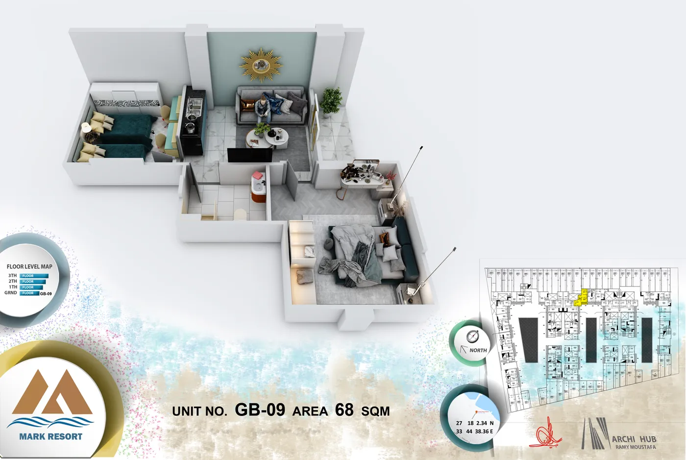 3D floor plan render of unit GB-9