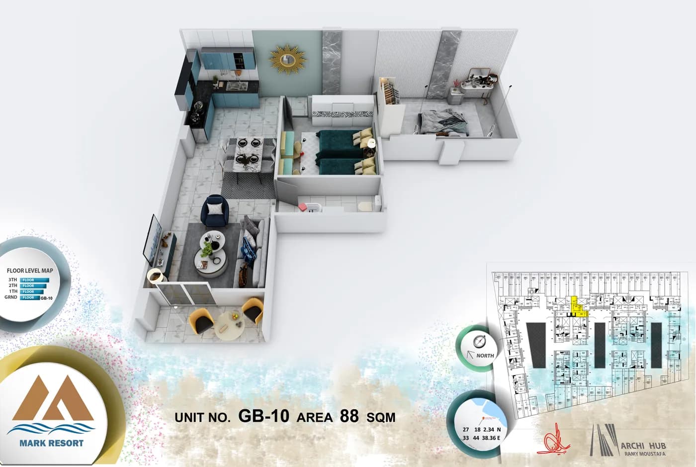 3D floor plan render of unit GB-10
