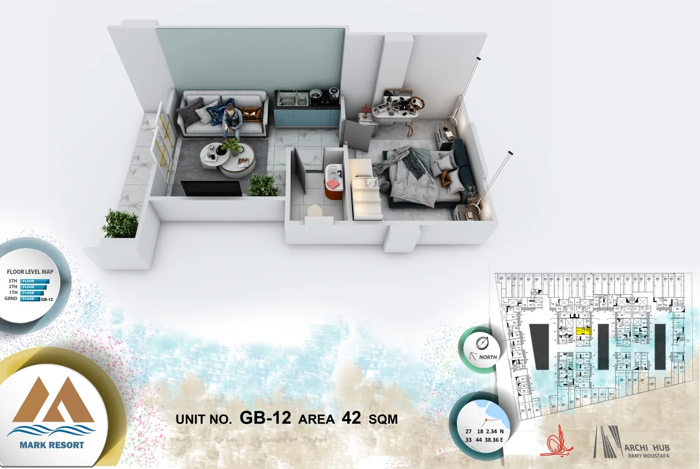 3D floor plan render of unit GB-12