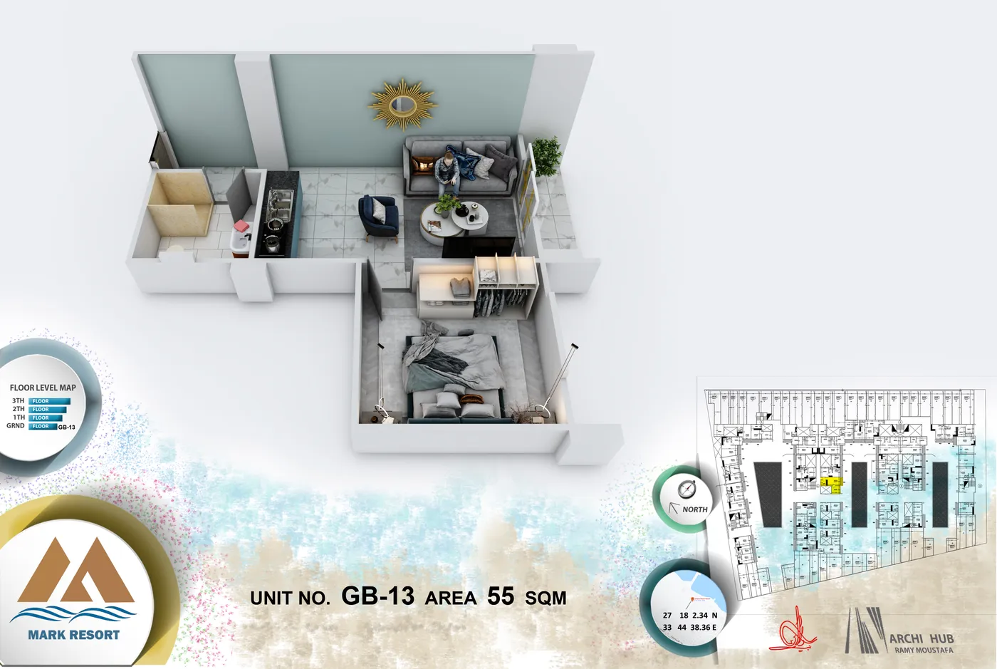 3D floor plan render of unit GB-13