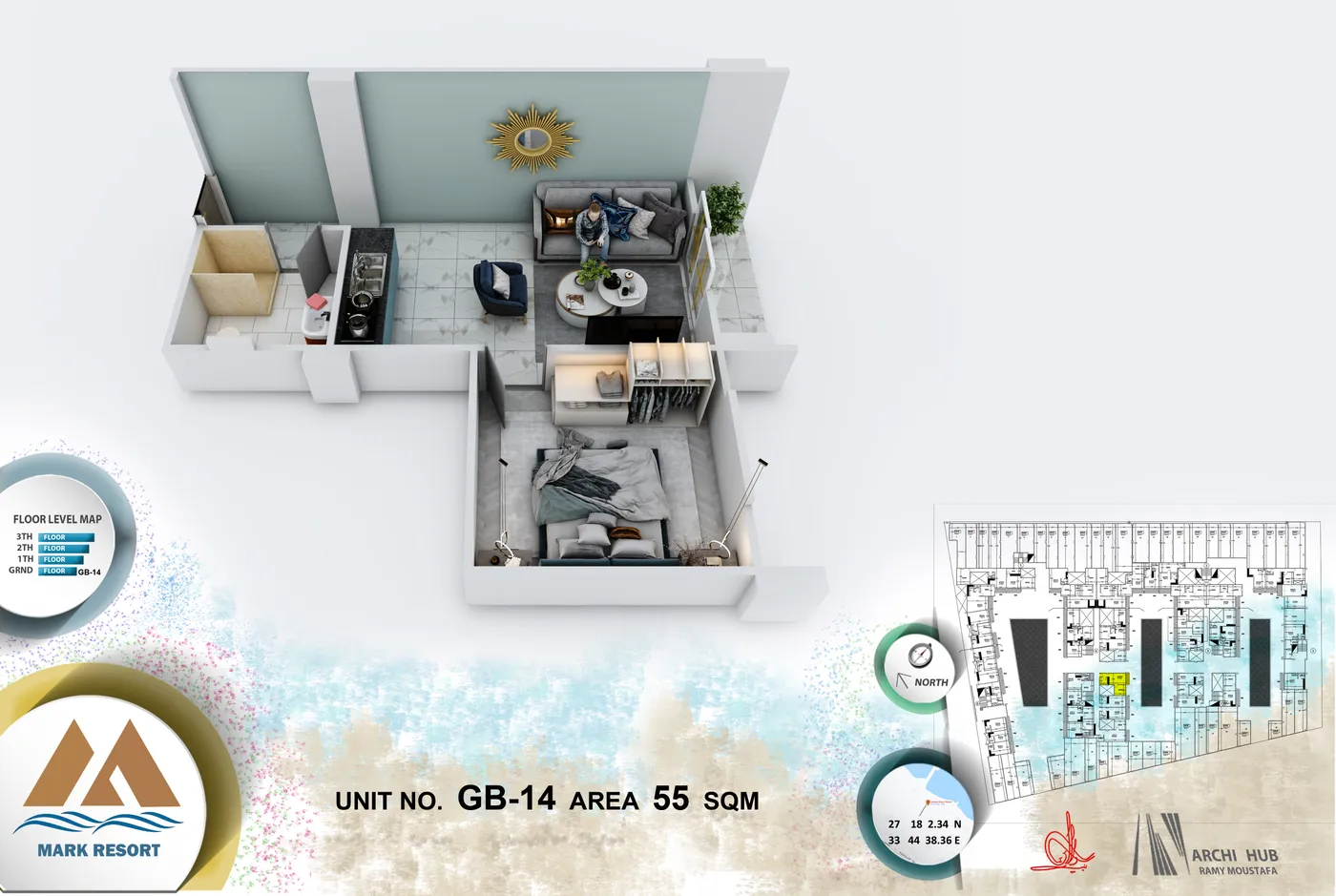 3D floor plan render of unit GB-14