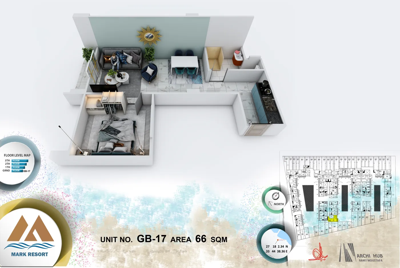 3D floor plan render of unit GB-17