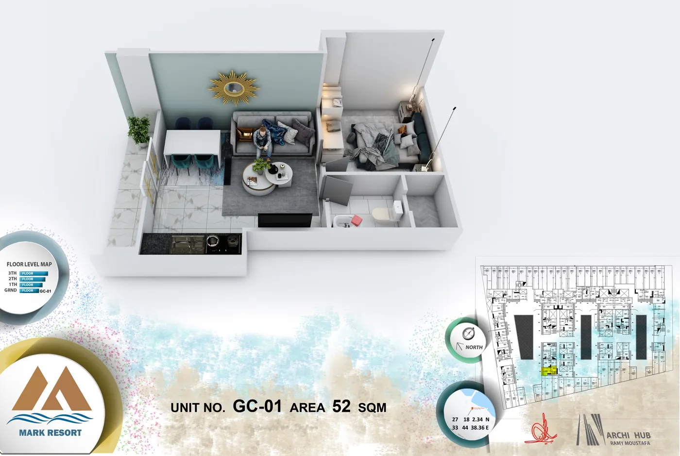 3D floor plan render of unit GC-1